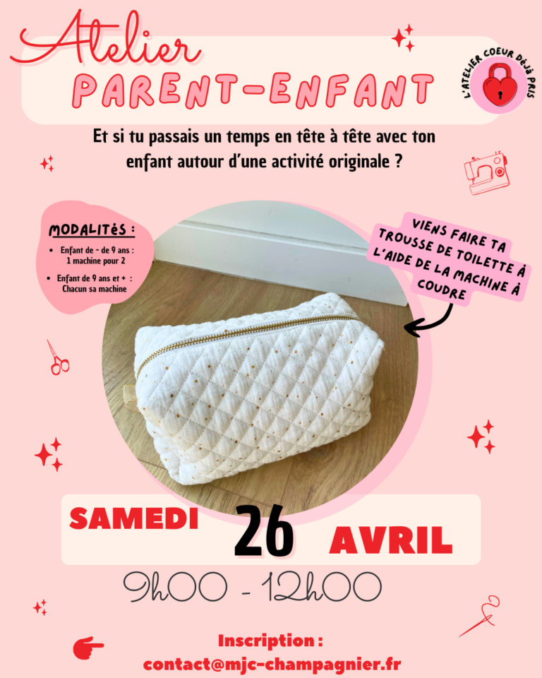 on voit une trousse de toilette blanche confectionnée à la main avec les informations l'atelier