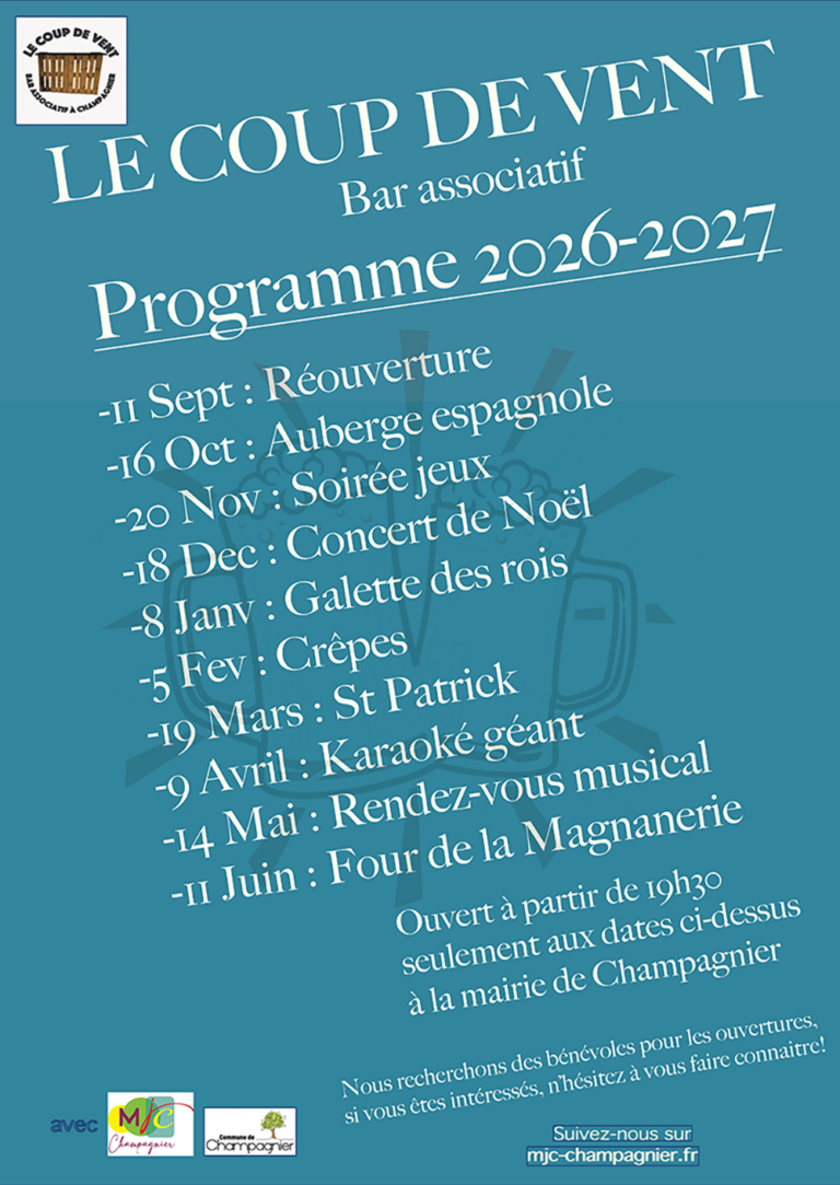 programme des activites du coup de vent de champagnier pour la saison 2026-2027